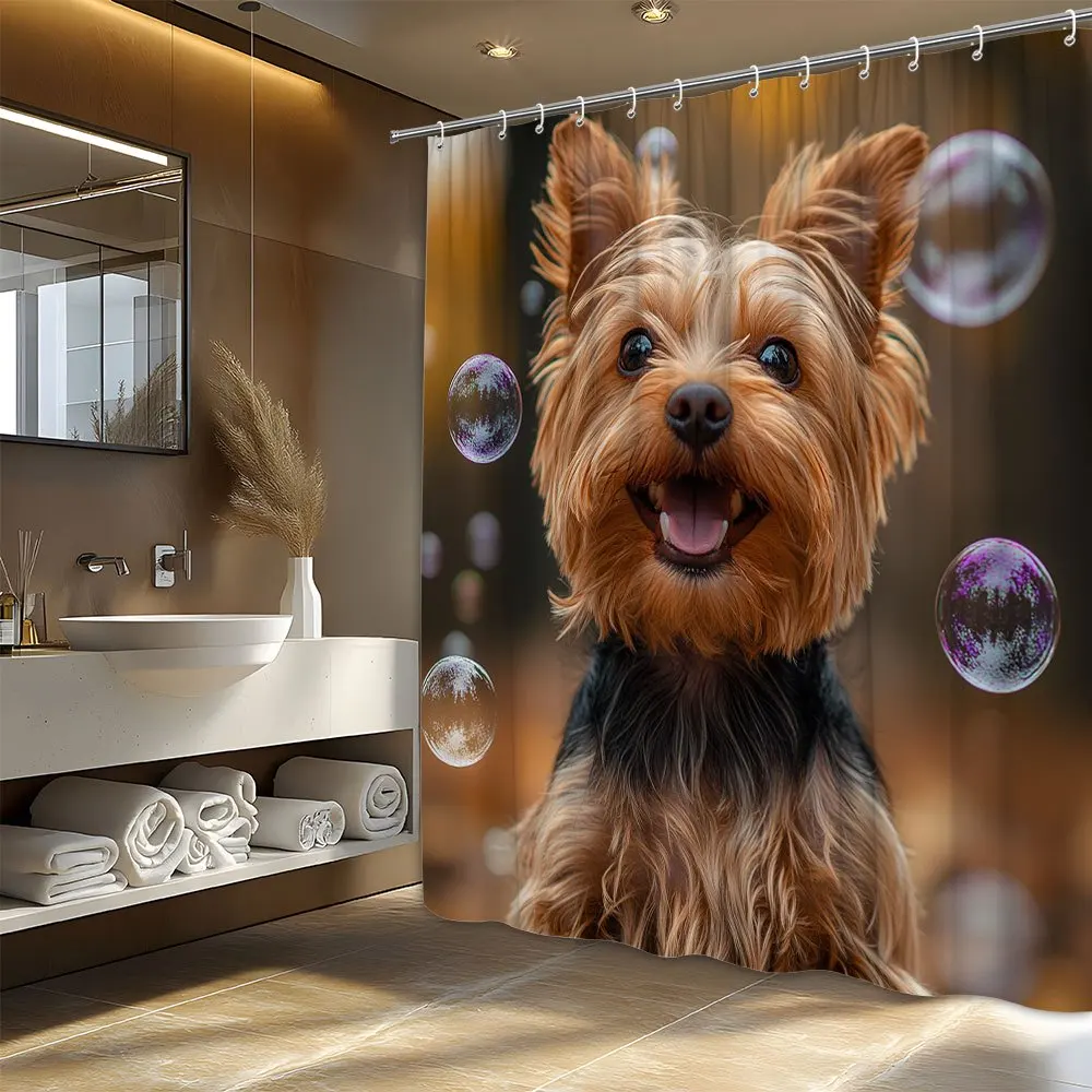Yorkshire Terrier Puppy Shower Curtain, Cute Dog with Bubbles, Realistic Pet Print, Funny Animal Bathroom Decor, Waterproof