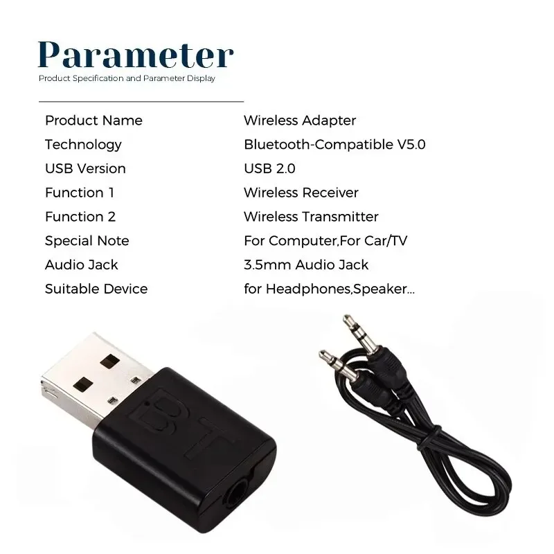 USB 5.0 wireless bluetooth audio transmitter receiver 2 in 1 adapter with 3.5 mm cable, suitable for car TV headset speakers