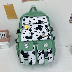 Green Women Backpacks Female Cow Printing Funny Student Knapsack Large Capacity Cute Pendant For College For Ladies Girl