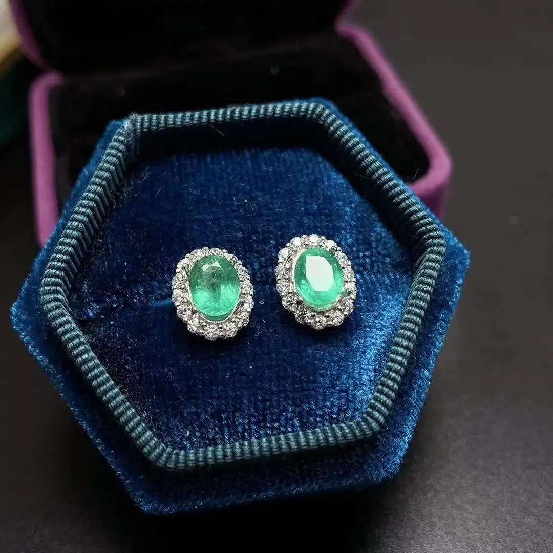 Natural Oval Emerald Stud Earrings 5*6mm Main Stone Rhodium Plated S925 Silver Women Luxury Ear Jewelry