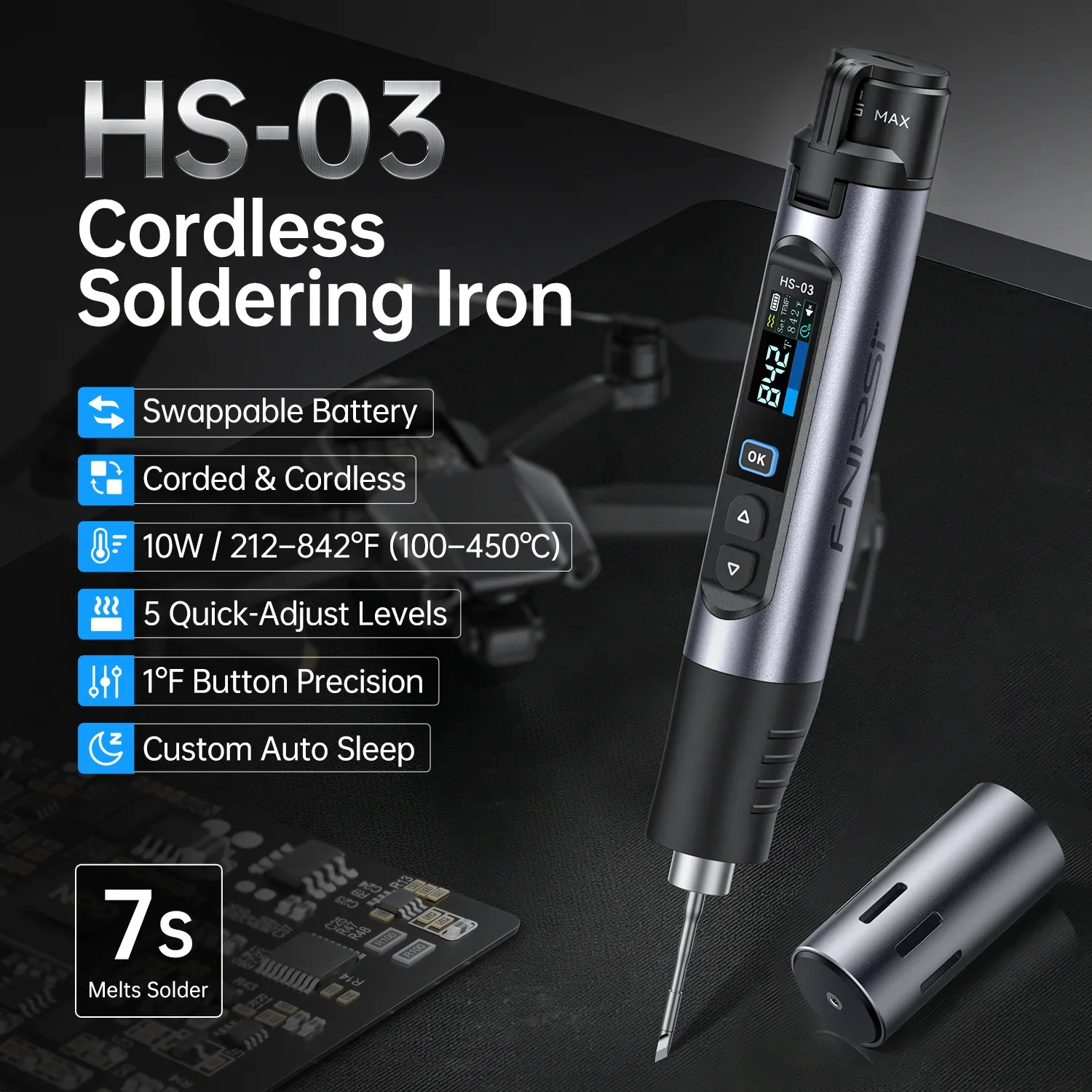 

Портативный нагревательный инструмент FNIRSI HS-03 с аккумулятором 2600 мАч, быстрой зарядкой USB-C и 3 уровнями регулировки температуры