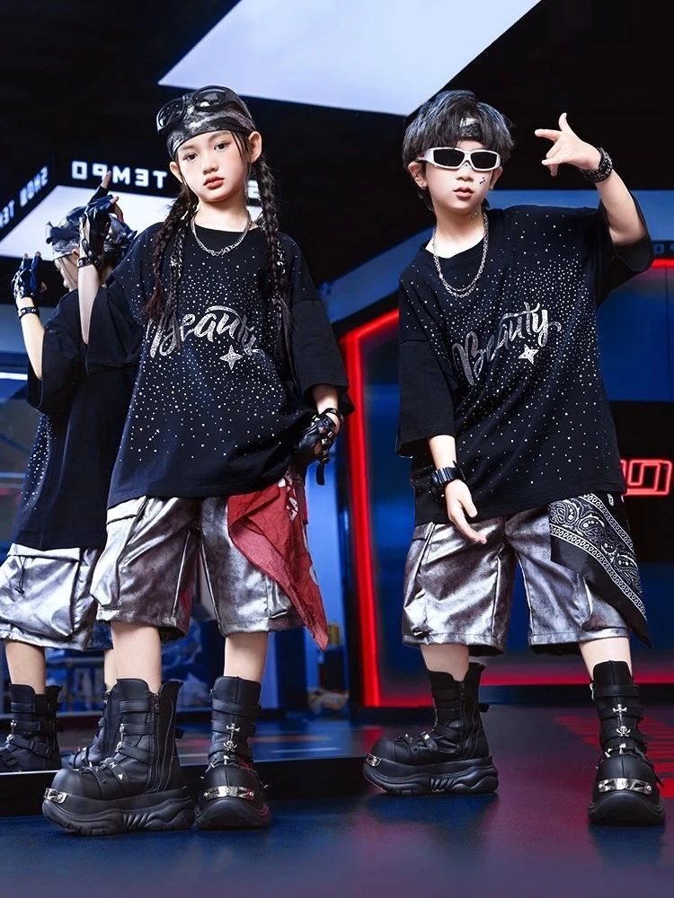 Kids Boys Hip Hop Dance Outfits Sequin Black T Shirt Silver Shorts Summer Girls Drum Locking Jazz Performance Costumes BL16454