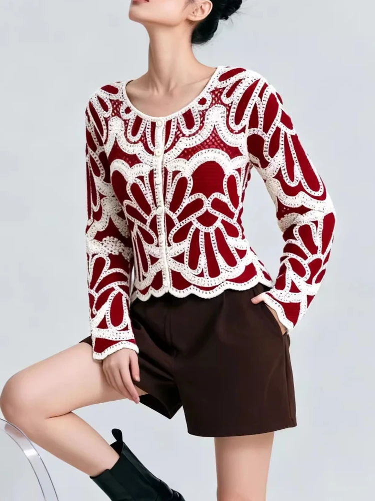 

Vintage Crochet Knit Cardigan Women Contrast Color Lace Knit Top French Style Lightweight Sweater