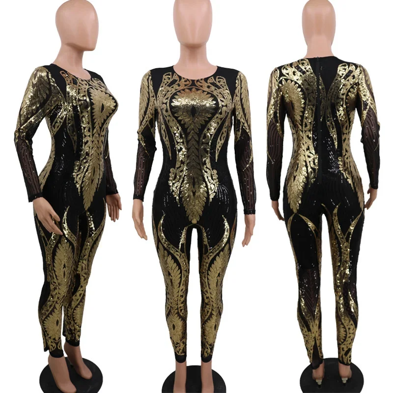 Sexy Luxury Sparkly Sequin Bodycon Jumpsuit Women Elegant Long Sleeve Mesh See Through Skinny Rompers Party One Piece Overalls