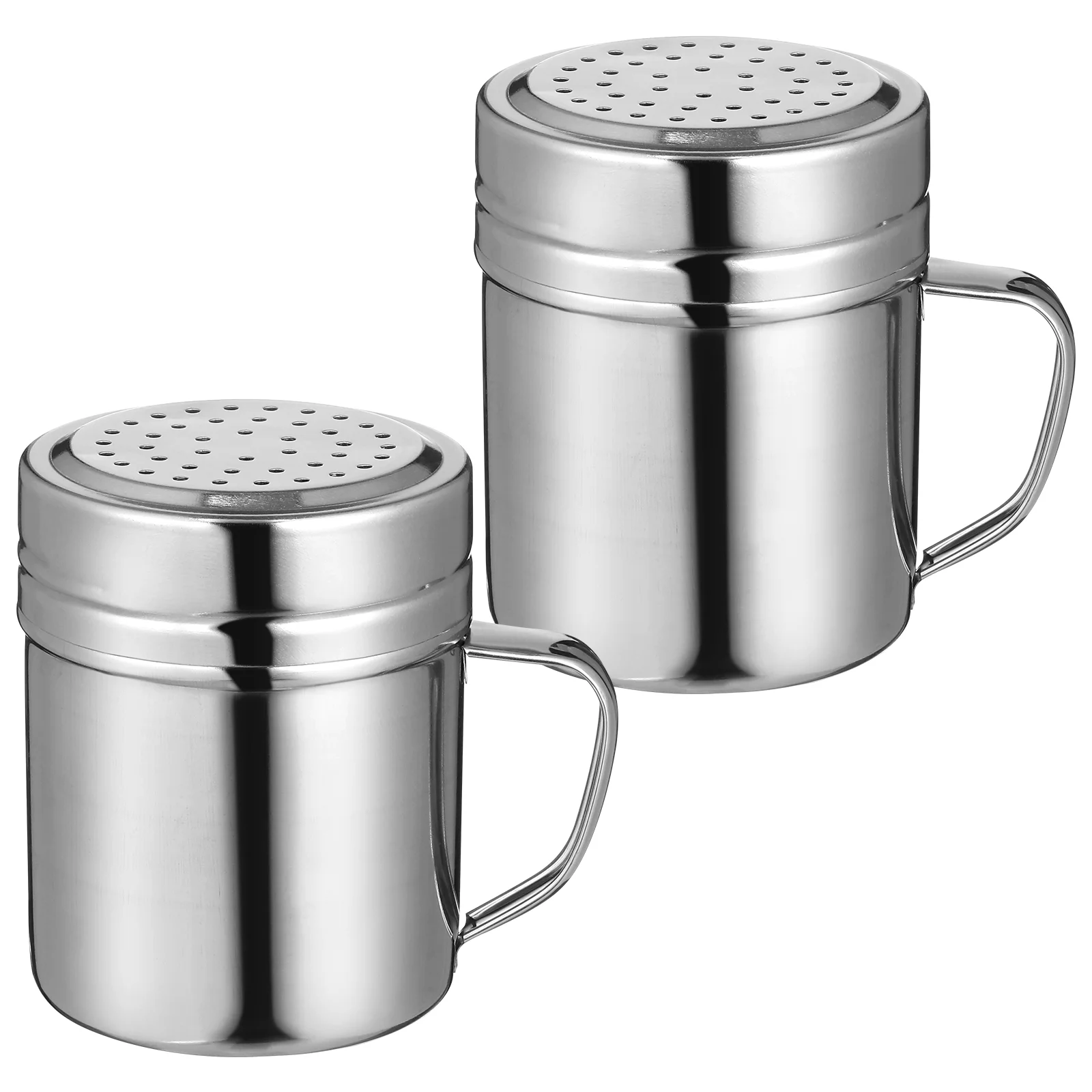 

2Pcs Stainless Steel Dredge Shaker Bottle Dispenser Salt Bottle with Handle Pepper Coffee Cocoa Cinnamon Powder Can for Kitchen