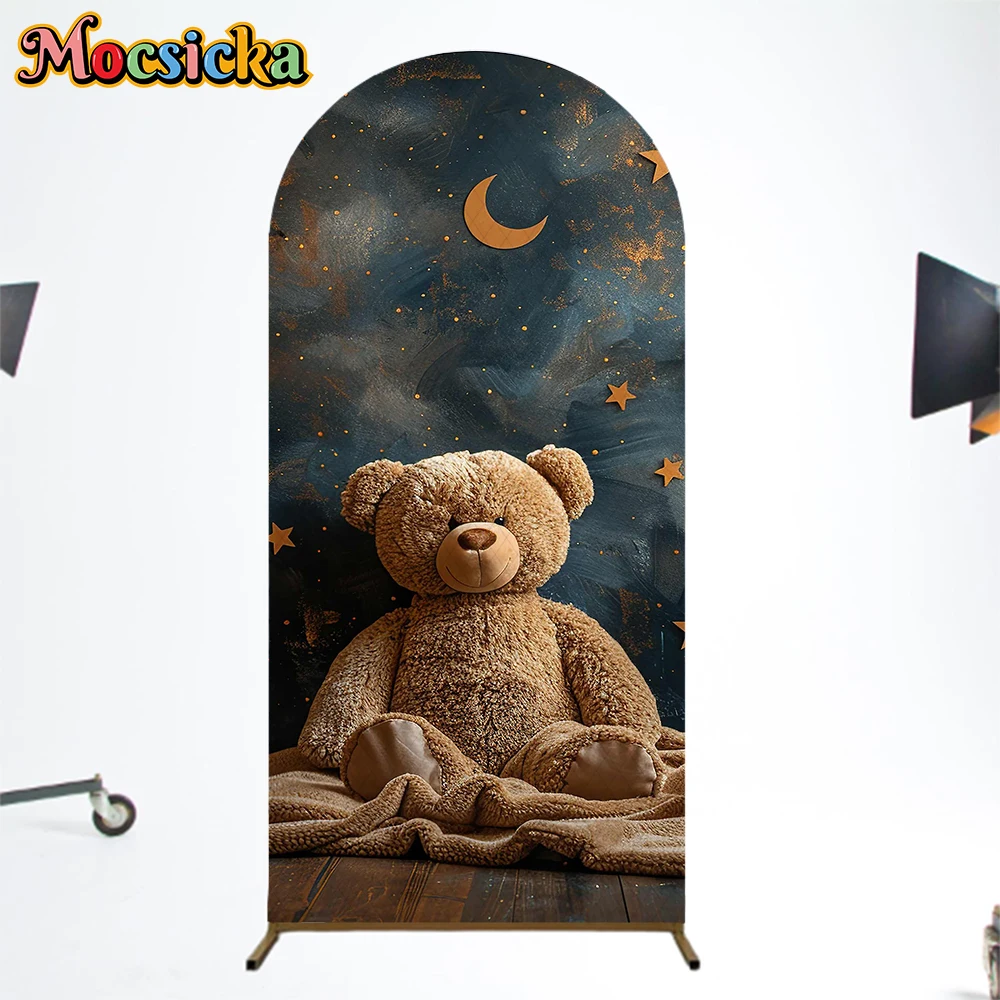 

Mocsicka Brown Bear Arch Backdrop Cover Children Baby Shower Photo Arched Background Art Starry Sky Stars Moon Party Decorations