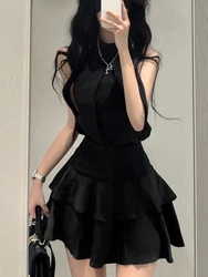 Y2k Black Skirt 2 Piece Set Women Korean Fashion Crop Blouse Ruffles Pleated Mini Skirt Suit Female Clothing Summer Streetwear