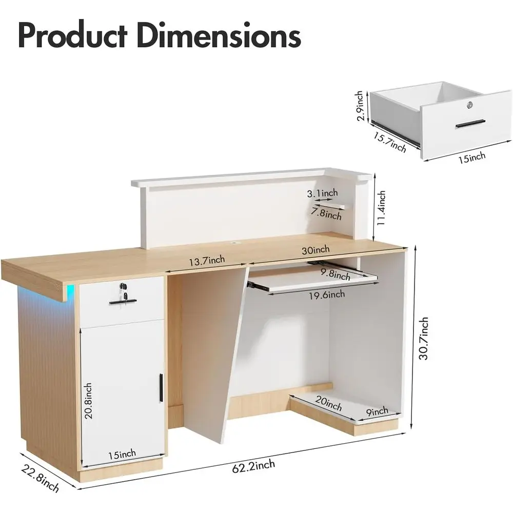 Reception Desk with LED, 63 L-Shaped Reception Desk with Lockable Drawer, Cabinet and Sliding Tray, Large Reception Counter Tabl