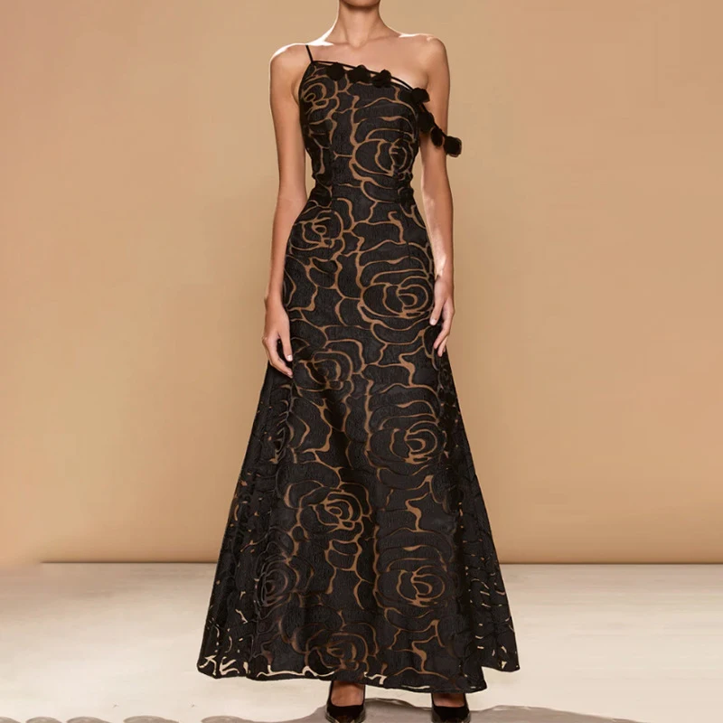 夏用ホローアウトノースリーブキャミソールドレス レディース カジュアル バックレス ウェディングドレス ゲスト用 シック ブラック フラワー バケーション ロングドレス