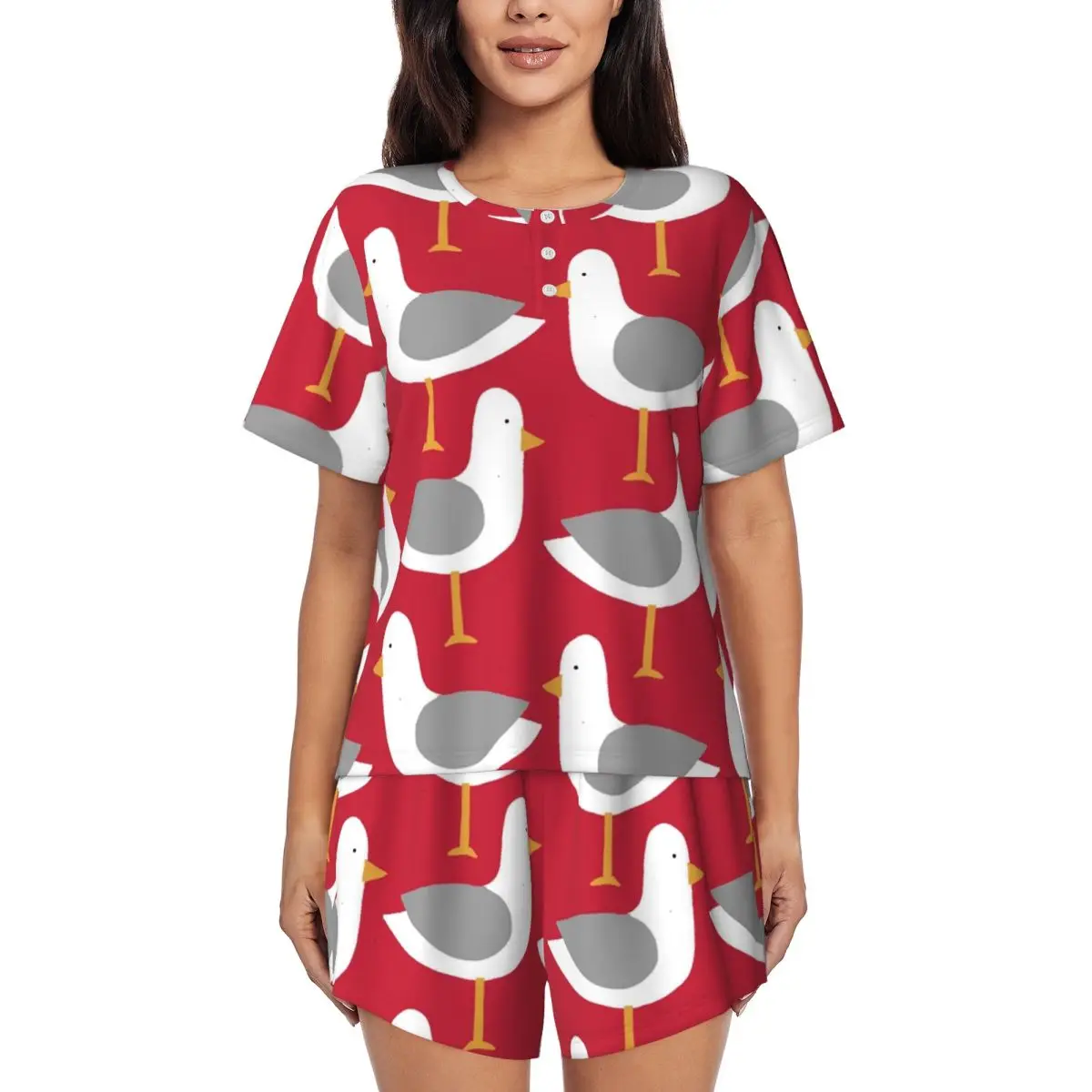 

Ночная рубашка Seagull 2.0 с круглым вырезом и короткими рукавами для сна, женский свободный пижамный комплект с короткими штанами