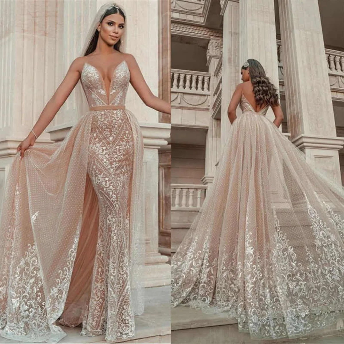 Exquisite V Neck Mermaid Wedding Dress Lace Sleeveless Detachable Train Applique Open Back Tulle Bridal Gown Customized