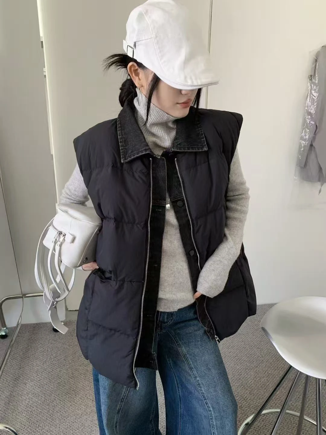 Autumn Winter Denim Spliced Fake Two Piece Down Vest Female Thick