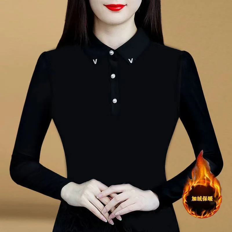 

Velvet Thickened New Embroidered Tops with Slim Fit and Bottom Shirts Long-sleeved Stretch Tops for Women