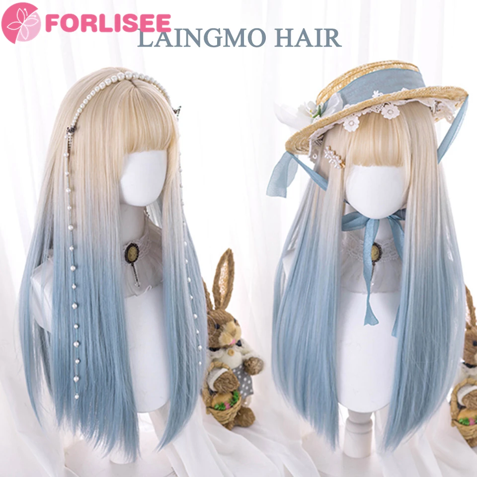 FORLISEE Wig Sintetis Putih Panjang dengan Poni Cosplay Wig Lurus dengan Coklat Menyorot Rambut Palsu Alami untuk Wanita Kulit Hitam