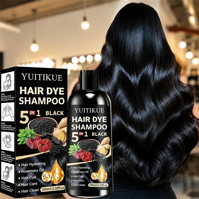 YUITIKUE 5 IN 1 Black Hair Dye Shampoo 100ml - Plant-Based Grey Coverage & Long-Lasting Black Hair Care Shine