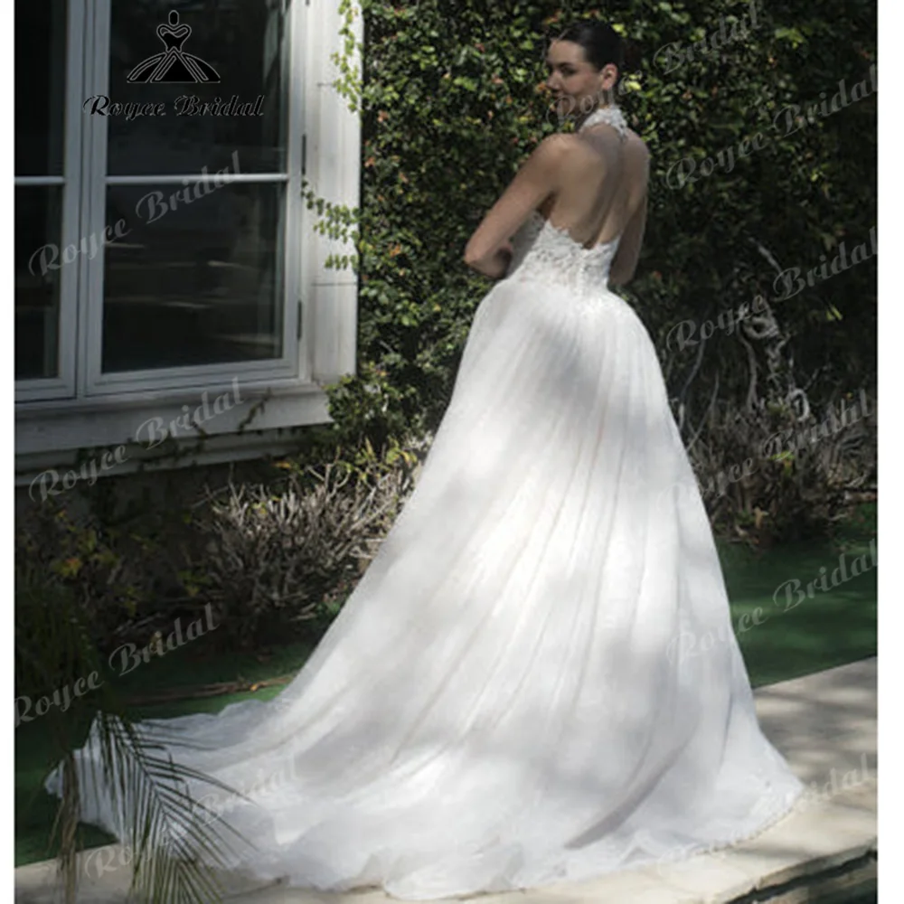 High Halter Floral Lace A-Line Wedding Dress Illusion Bodice Low Open Back Chapel Train Hidden Zipper Bridal Gown Customized