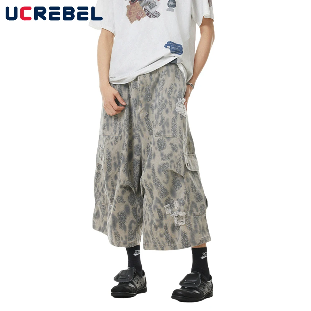 

Рваные шорты-карго с леопардовым принтом, мужские шорты-карго с несколькими карманами в стиле ретро, свободные широкие короткие брюки для мужчин