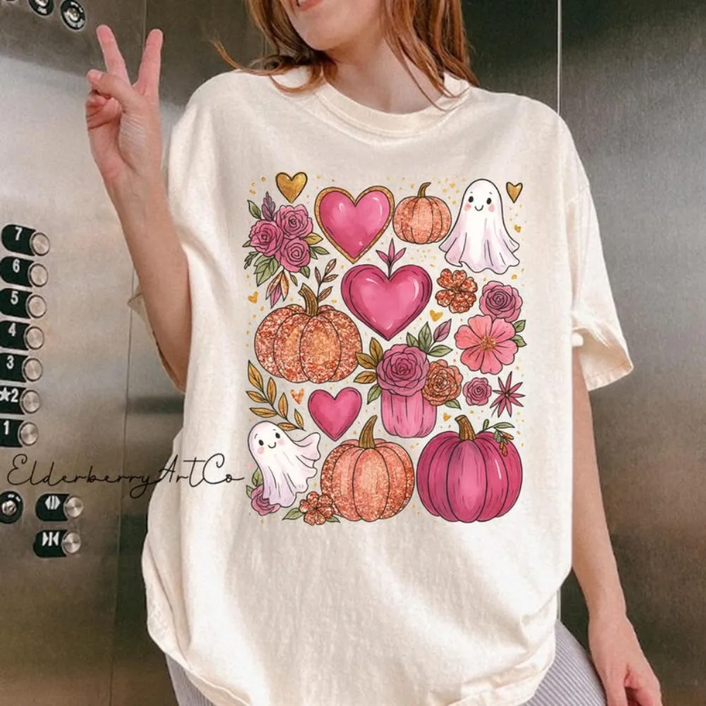 Pink Halloween Ghost Shirt Girly Pumpkin Tees Boho Floral Fall T-Shirt Glitter Autumn Vibes Tees Women Sweatshirt Aesthetic Tees