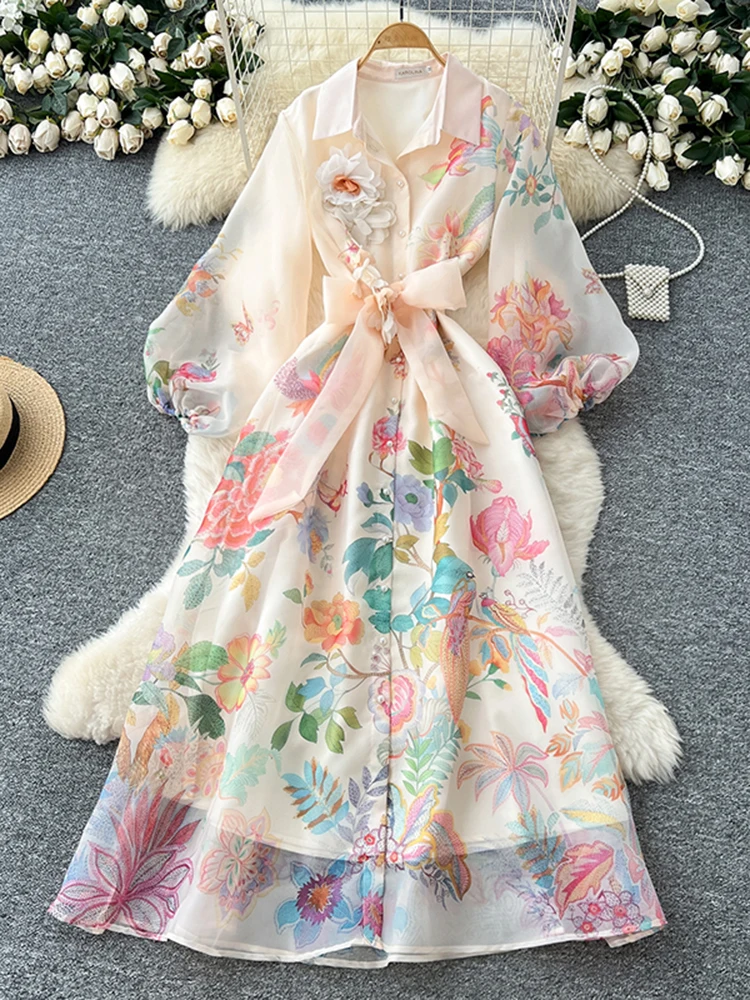Retro-Kleid im Hofstil mit bedruckten Blasenärmeln für Damen im neuen Frühling und Herbst, elegante Krawatte für Geburtstagsfeiern, langes Kleid S83