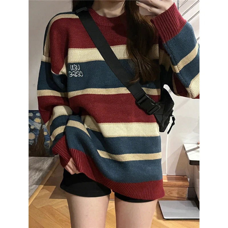 Idle Retro Red and Blue Striped Contrast Color White Female Student Korean Style All-Matching Sweater Top Fashion