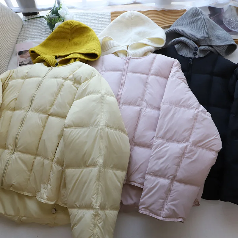 Jaet bouffant blanc à capuche tricoté détachable pour femme, nouveau système coréen Sle duvet, vêtements d'extérieur chauds, longue fermeture éclair, nouvelle collection hiver