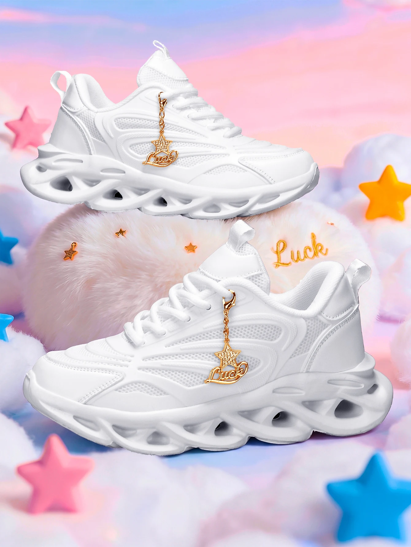 Women's Outdoor All-Season Dad Shoes, Y2K Thick-Soled Sneakers with a 5cm Height Increase, White Sports Shoes, Paired with Detachable Rhinestone Five-Pointed Star Gold Luck Charm, Lightweight Eva Casual Shoes, Sweet and Cool Style Running and Fitness Trendy Shoes