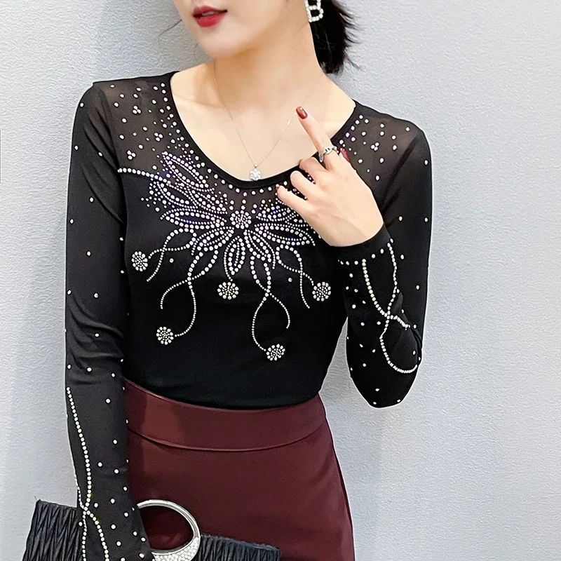 Dazzling 2026 Spring Summer V-Neck Crystal Mesh Top. Elegant Long Sleeve, Body-Hugging Fit T-shirt for a Chic, Slimming Look