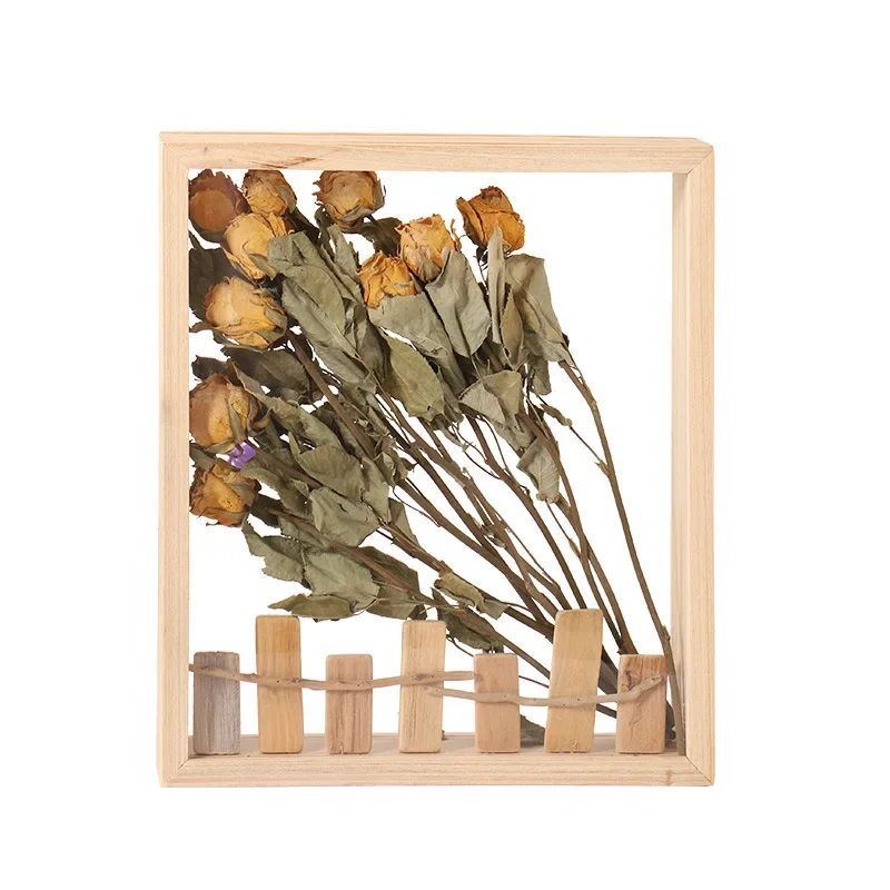 

Dried flower rose photo frame, log handmade home ornament, three-dimensional decorative table
