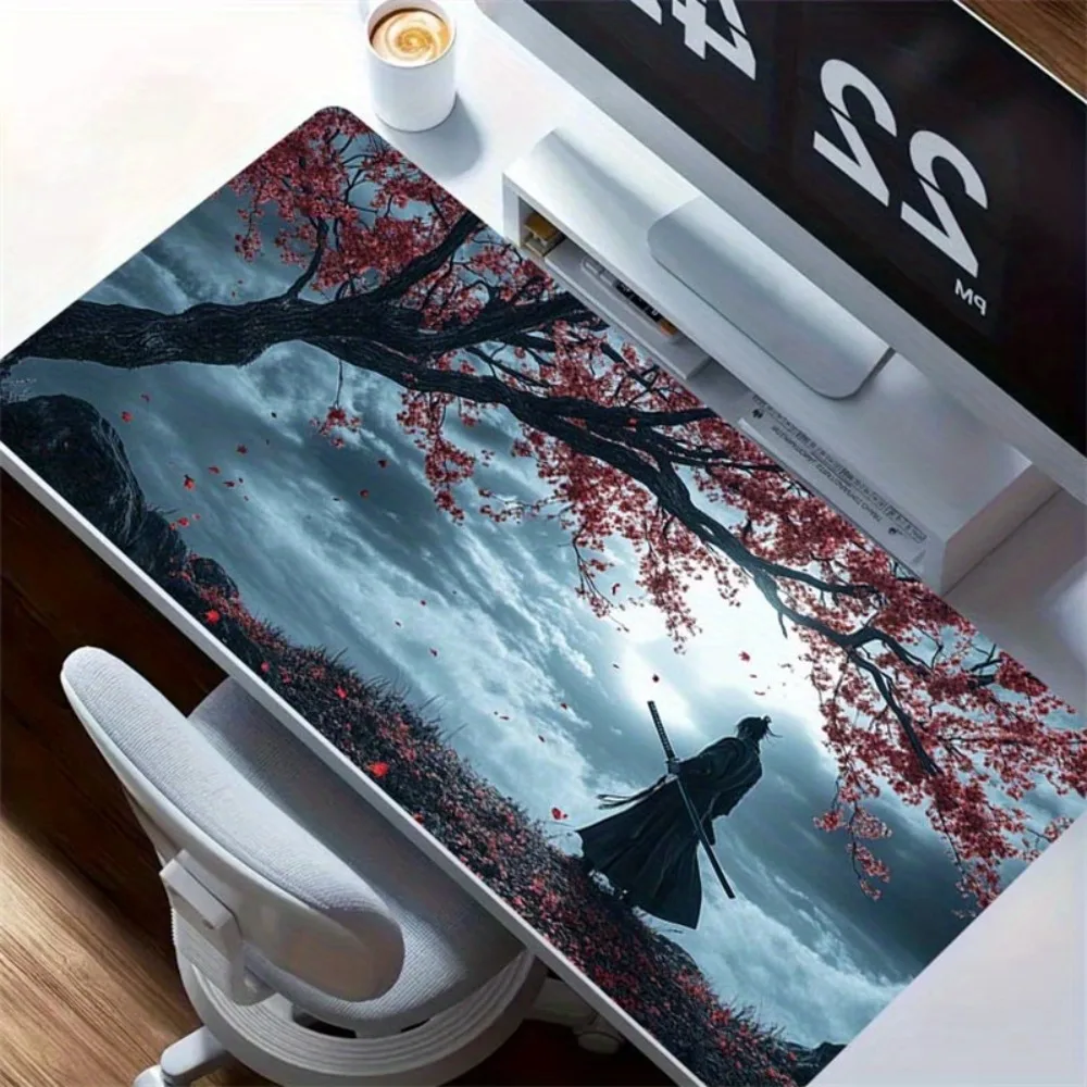 Samurai Cherry Blossom Desk Mat - Non-slip Base Gaming Mouse Paddesk accessories desk organizers and trays desk mat