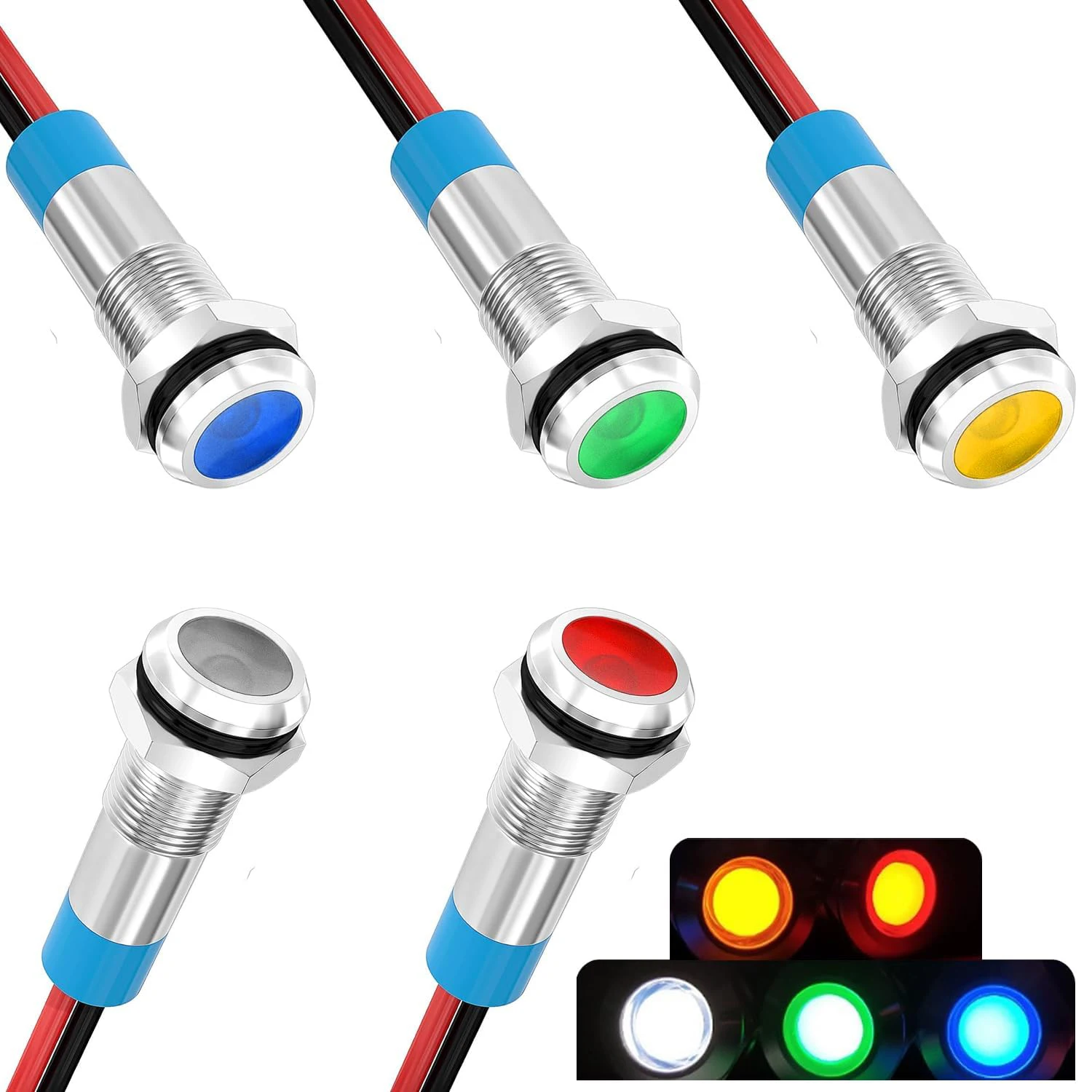 5Pack 1/4''(6mm) AC/DC12-24V LED Indicator Light Waterproof IP65 24 Volt led Lights Metal Pilot Lamp Lights Milt-Color Panel LED