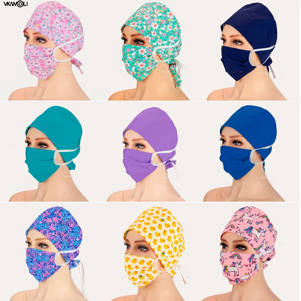 Unisex Cotton Scrub Caps with Mask Solid Color & Printed Pattern Adjustable Surgical Hat for Medical Staff