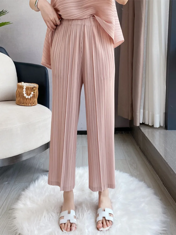 YUDX Women Pleated Pants Solid High Waist Wide Leg Cropped Trousers Loose Elastic Casual Style 2023 New Summer Fashion