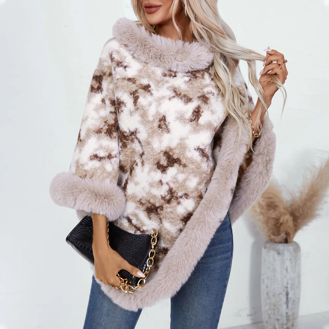 Cross-border fur collar pullover contrasting color leopard print knitted cape women's autumn and winter  loose sweater shawl