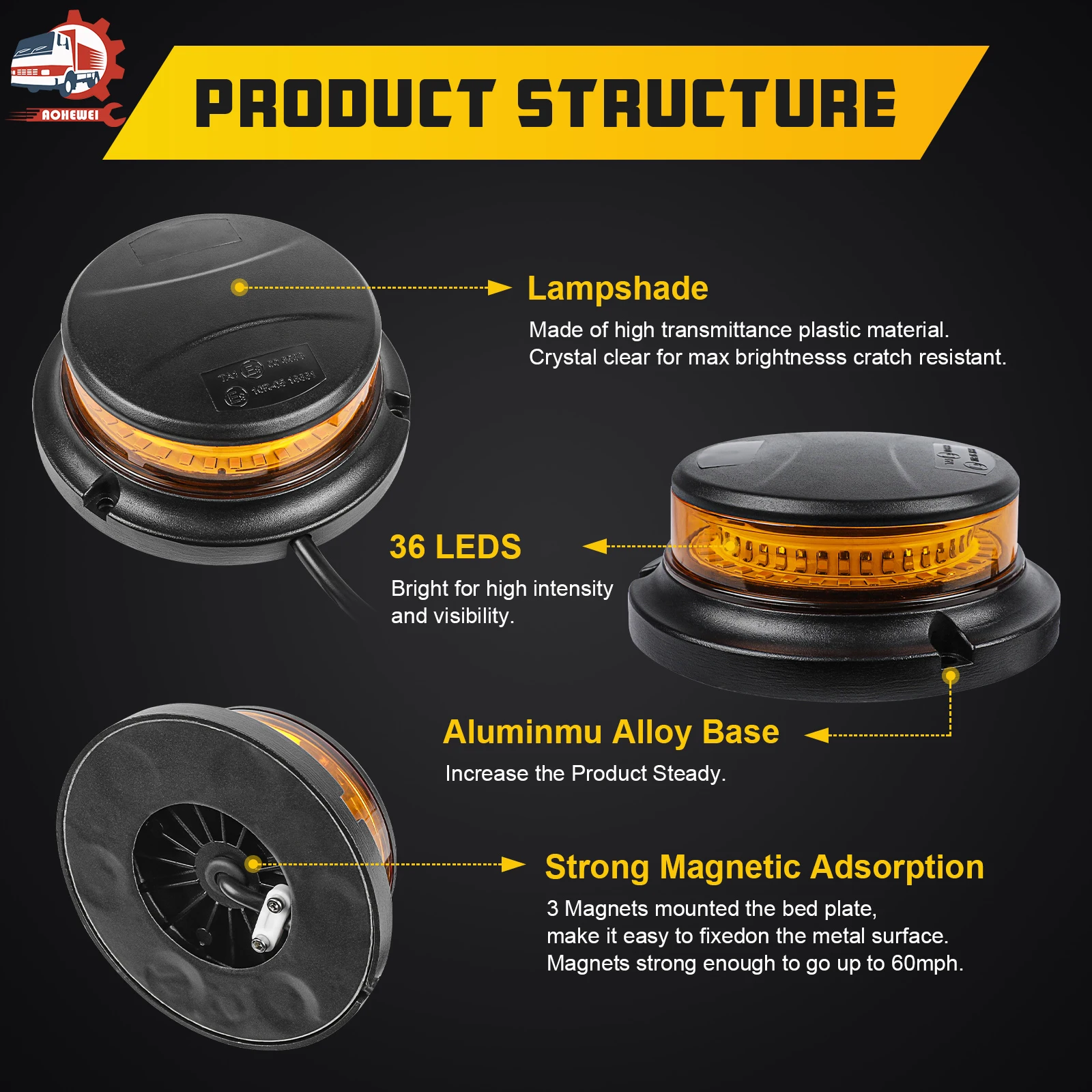 AOHEWEI Żółte światło ostrzegawcze 36 diod LED i 10 trybów Magnetyczne światło sygnalizacyjne dla autobusów Ciężarówki Ciągnik Wodoodporny Ip68