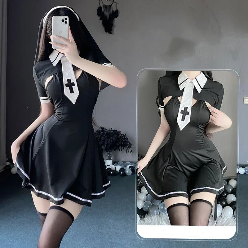 Halloween Costumes Sexy Nun Women Cosplay Lingerie Gothic Maid Anime Roleplay Outfits Tassel Carnival Fancy Dress Up Party