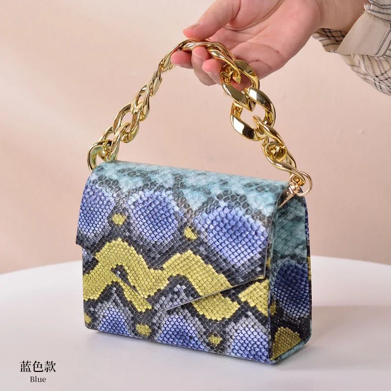 

Serpentine Shoulder Bags for Women Golden Chain Animal Pattern PU Bags Luxury Dinner Party Colorful Square Flap Messenger Bag