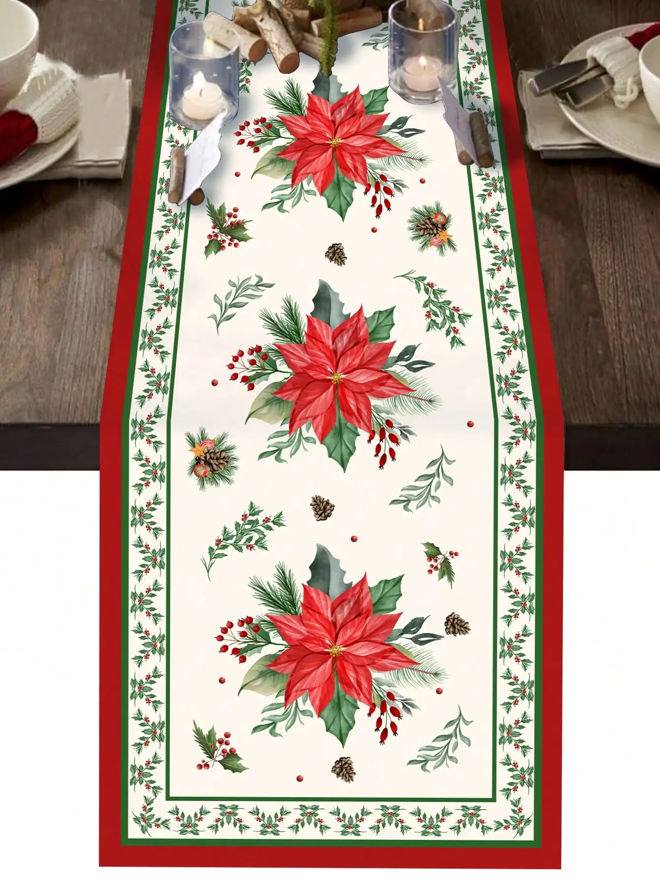 

Christmas Themed Linen Table Runner Winter Party Table Decor Xmas Poinsettia Table Runners Dresser Scarf for Navidad Decorations