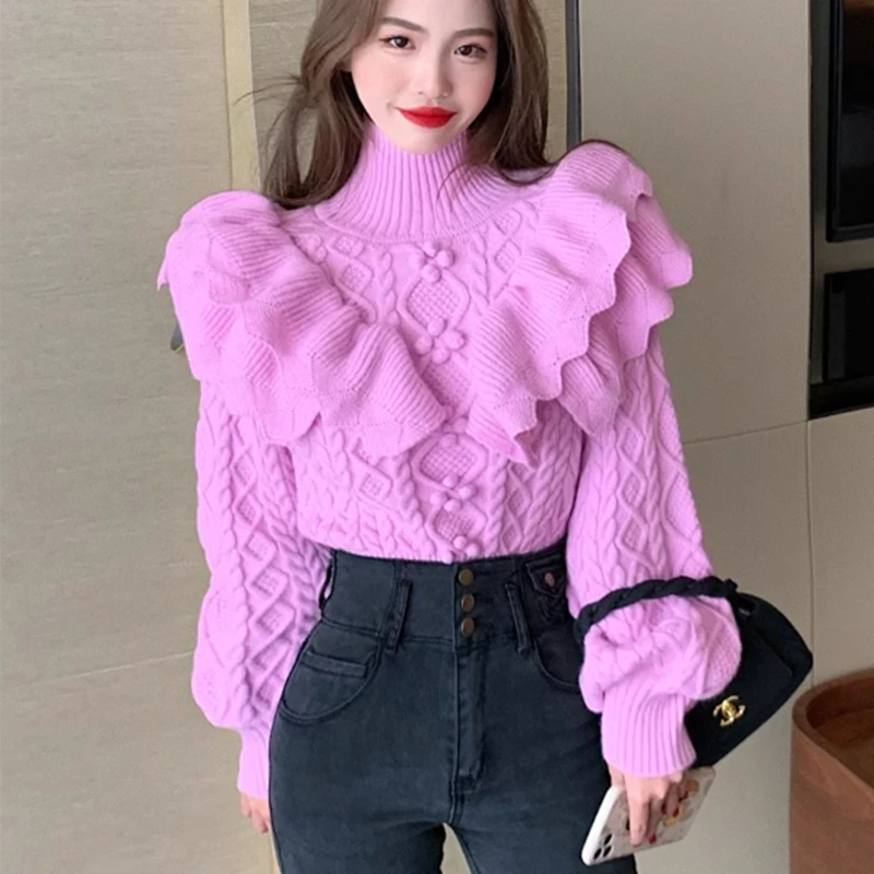 Sweet Ruffles Turtleneck Sweaters Sexy Lady Purple Pink Twists Knitwear Korean Aesthetic Crop Top Warm Winter Jumpers Pullover