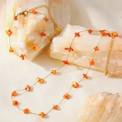 Vivid Orange Necklace Bracelet Women Set Stainless Steel Natural Stones Beaded Pendant Female Necklaces Luxury Jewelry