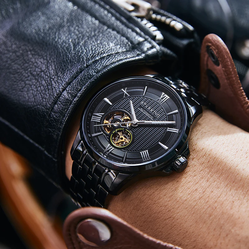 ساعة Starkin g AM0183 للرجال ساعة ميكانيكية سوداء أوتوماتيكية بسيطة مع حركة أصلية من زجاج الياقوت مقاومة للماء