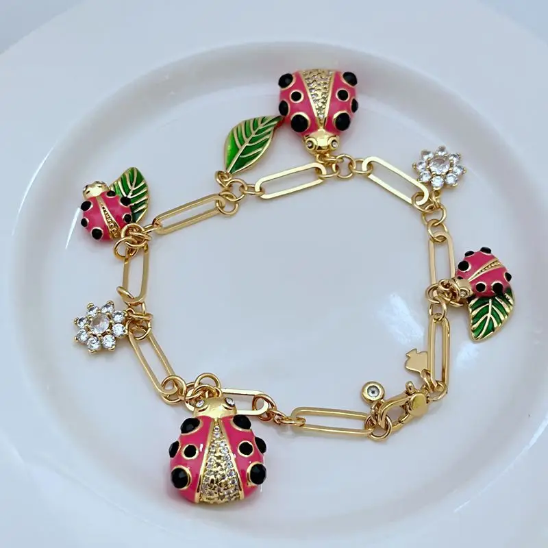 

Rural style enamel zircon inlaid flower ladybug leaf shaped bracelet