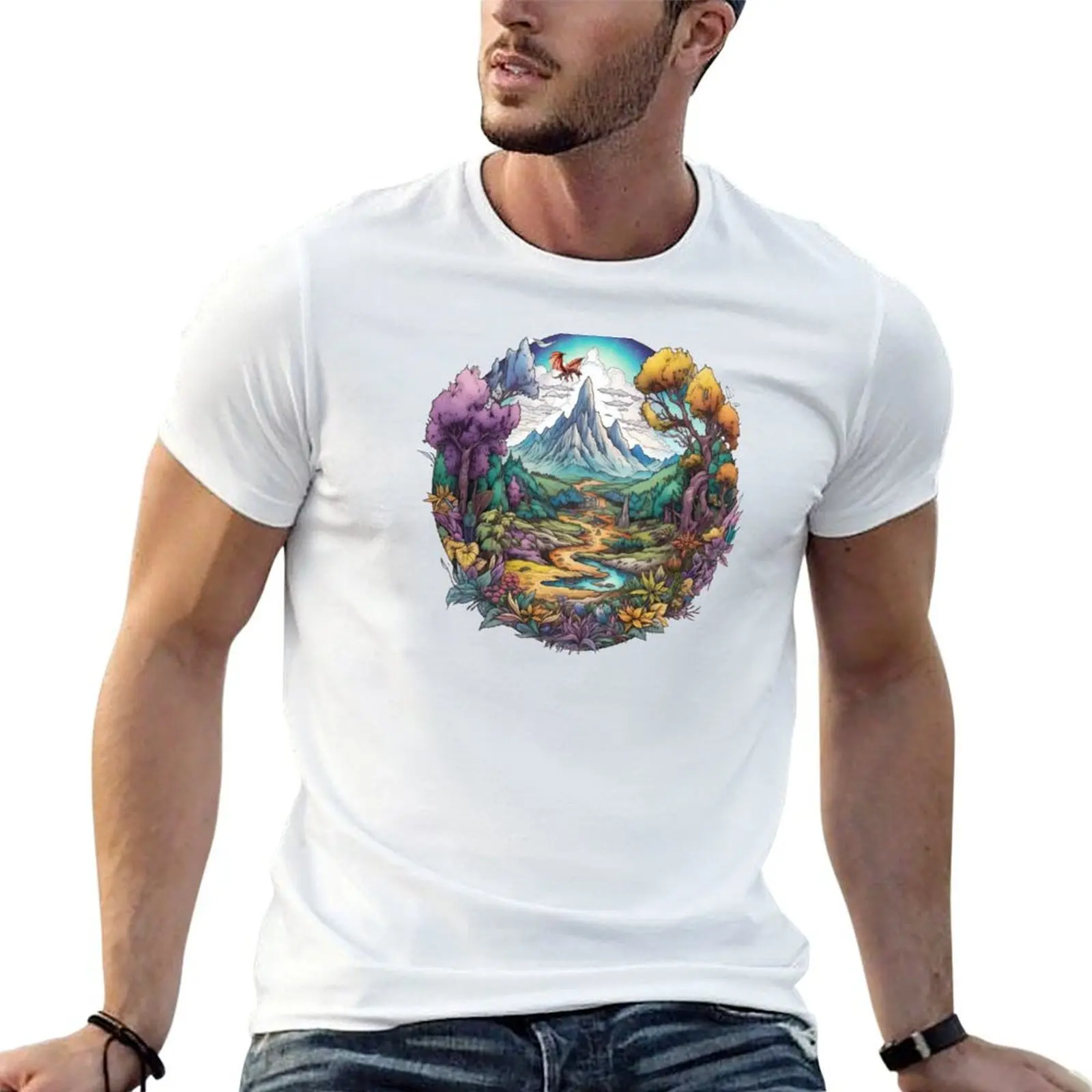 

The Lonely Mountain - Colorful Illustration - Fantasy T-Shirt man t shirt graphic t shirts for man cotton funny T-Shirt