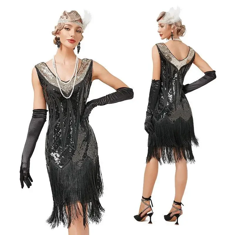 Vintage 1920s Flapper con scollo a v abito con doppia nappa Great Gatsby Costume Cosplay Cocktail Party Charleston Dance abito con paillettes