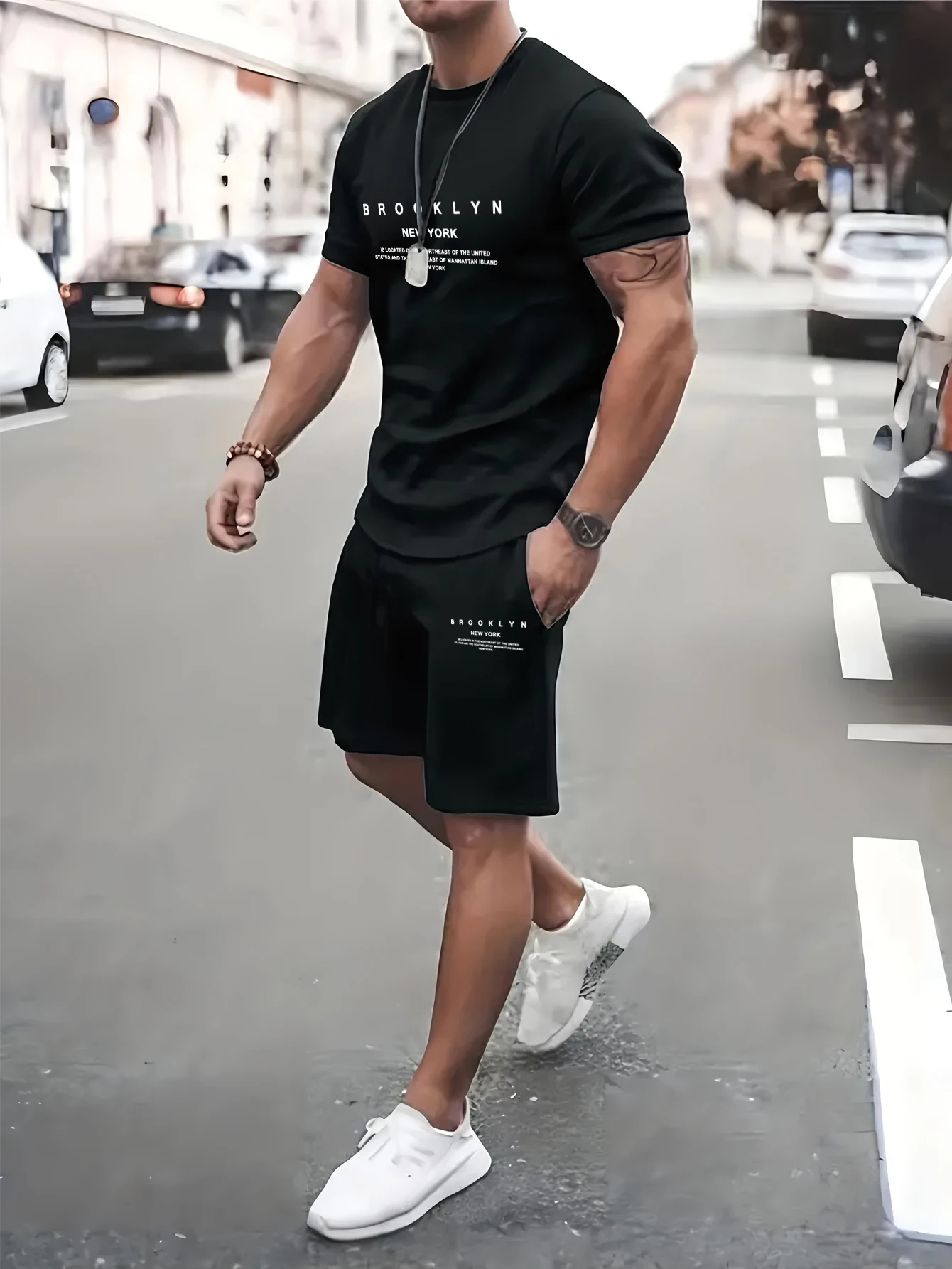 Short-sleeved shorts summer suit men\'s t-shirt trend printing round neck men\'s set with gangster handsome sports two-piece suit