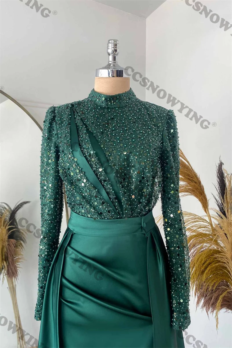 Satin Sequin Long Sleeve Muslim Evening Dresses Hijab High Neck Islamic Formal Party Gown Women Arabic Dubai Robe De Soiree