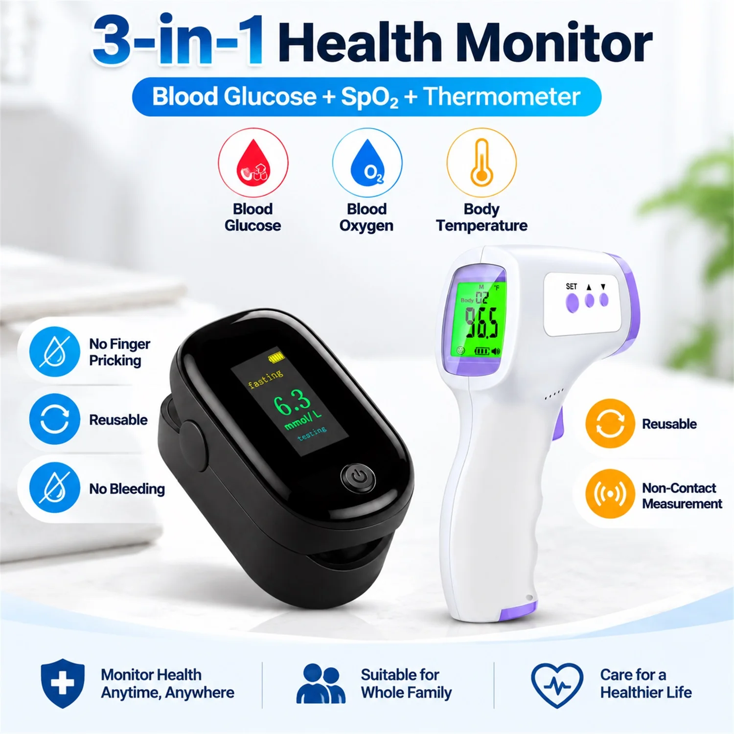 Medical 3‑in‑1 Non‑Invasive Glucometer Mini Oximeter Fingertip Monitor Or Contactless IR Fever Thermometer Health Testkit