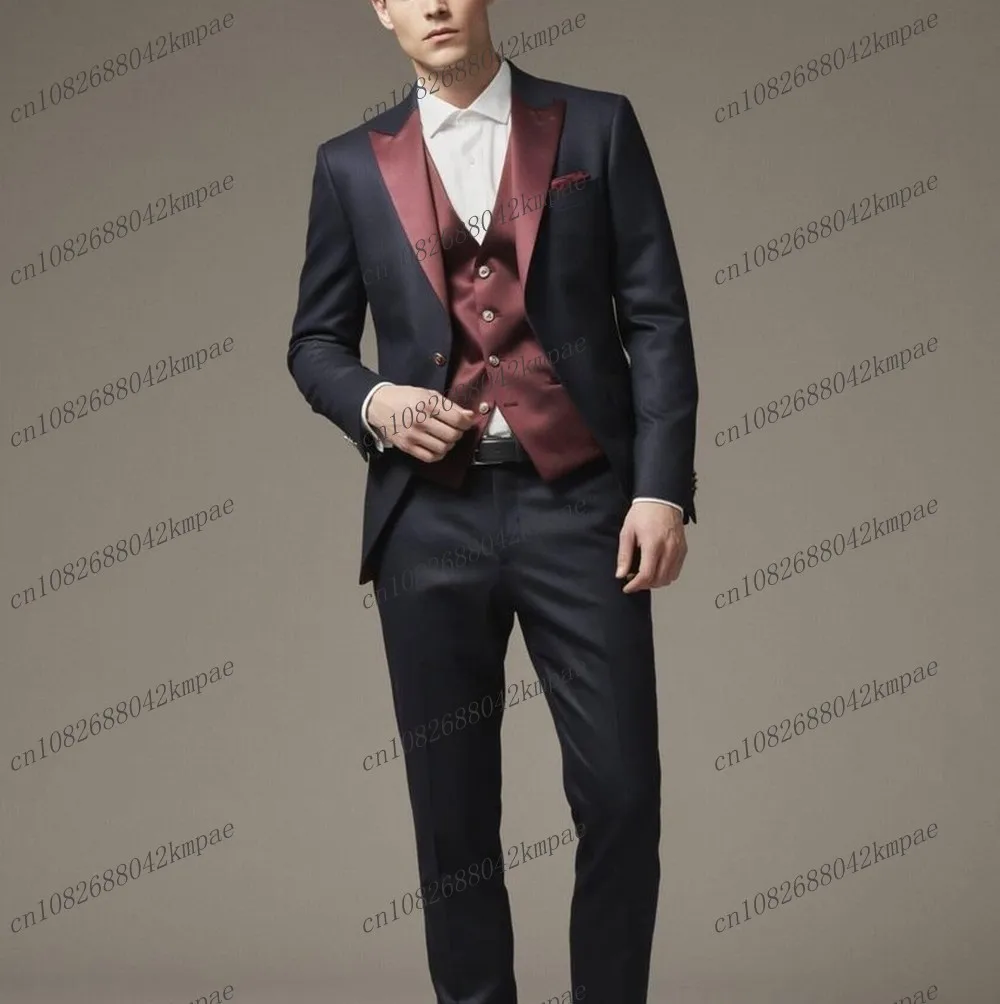 Dark Blue And Burgundy Formal Men Suit Groom Groomsman Wedding Party Prom Business Male Tuxedos 3 Piece Set Blazer Vest Pants