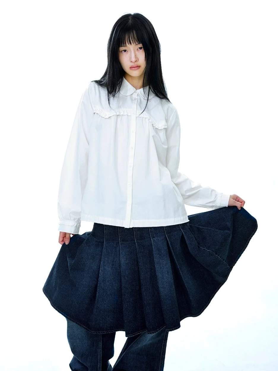กระโปรงยีนส์ทรงเอเอวสูงสไตล์ญี่ปุ่น แบรนด์ Unique SEI Blogger รุ่น Hollow ort Sve Knitted irt Doll Collar  แบบลำลอง