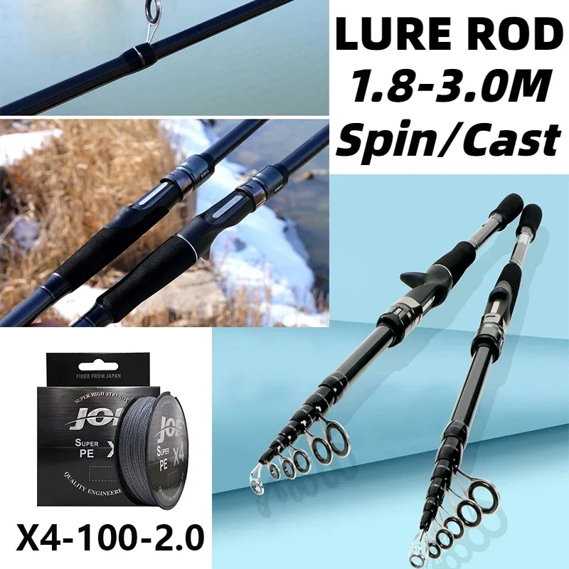 Ultralight Telescopic Lure Fishing Rod 1.8M-3.0M Spinning&Casting Carbon Pole M Power Bait Weight 8-18g with Braided Wire Combo