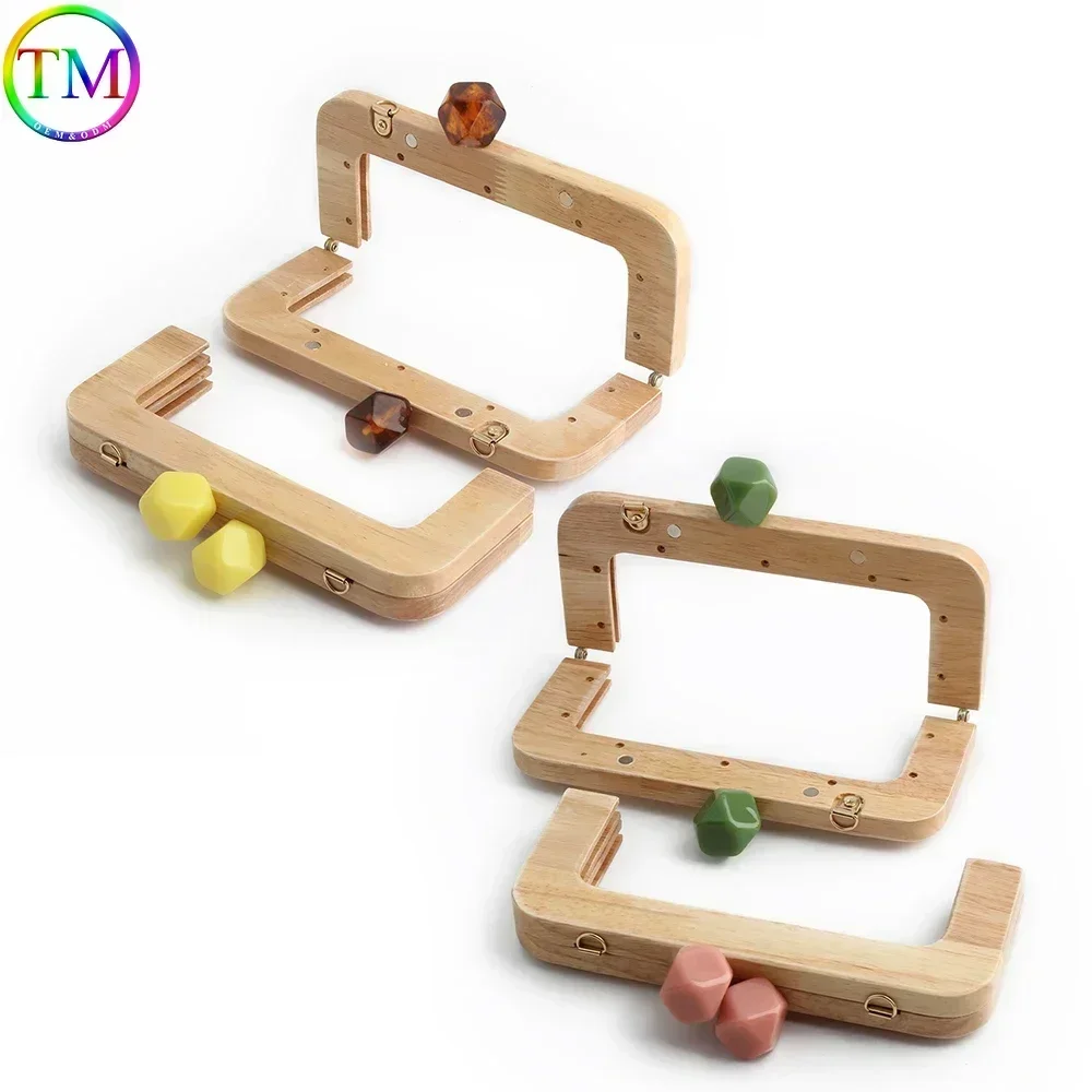 13 Colors 19.6*11cm Candy Color Plastic Bead Natural Solid Wood Handles Wood Frame For Bags Handbag Wooden Frame Accessories